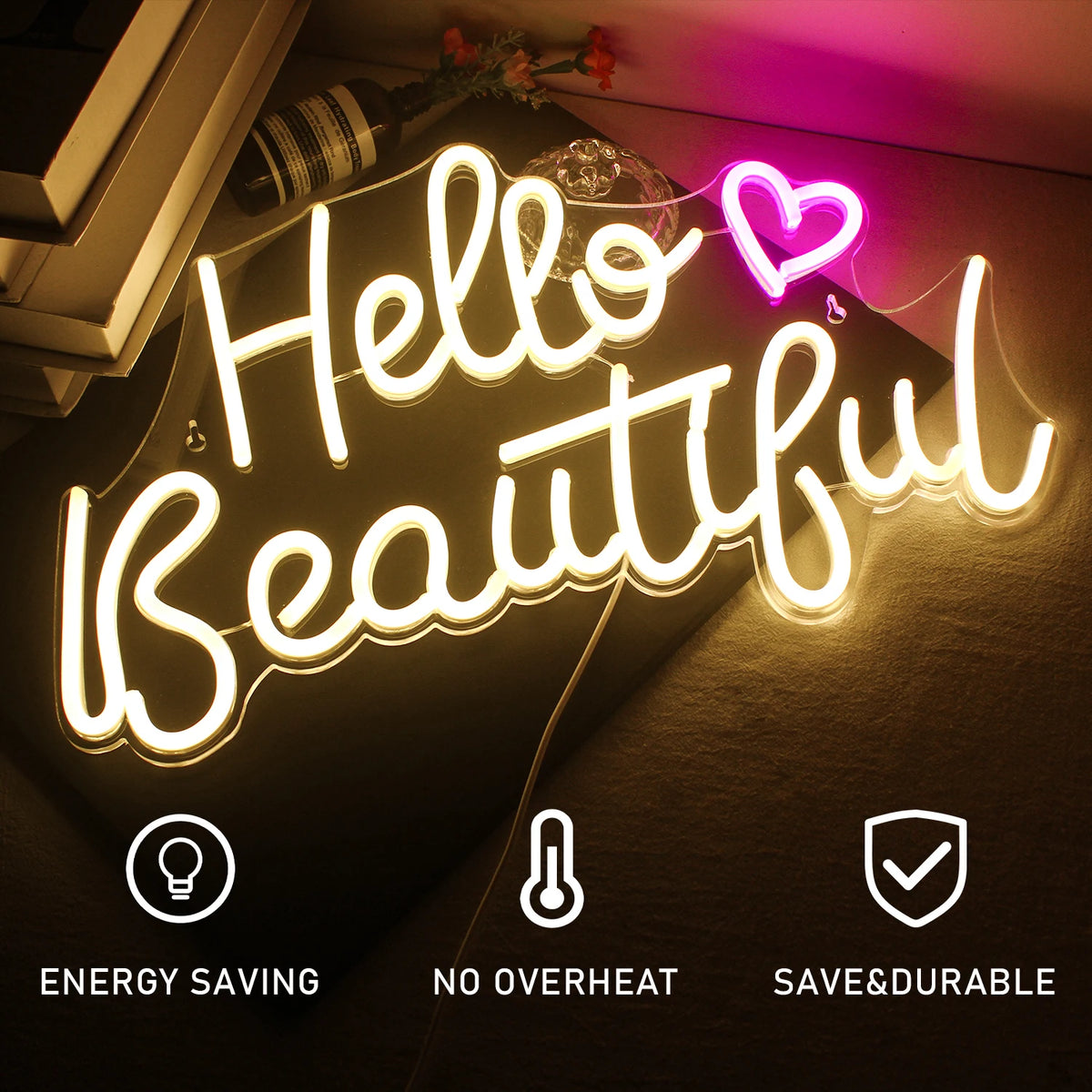 Hello Beautiful – Sydän – LED-neonvalomainos (5 V USB)