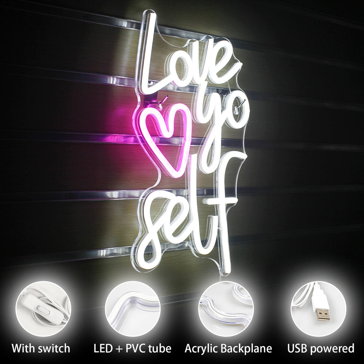 Love yo self – Sydän – LED-neonkyltti (5 V USB)
