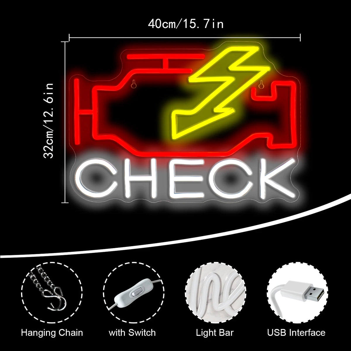 CHECK – Moottorin varoitussymboli ja salama – LED-neonkyltti (5 V USB)