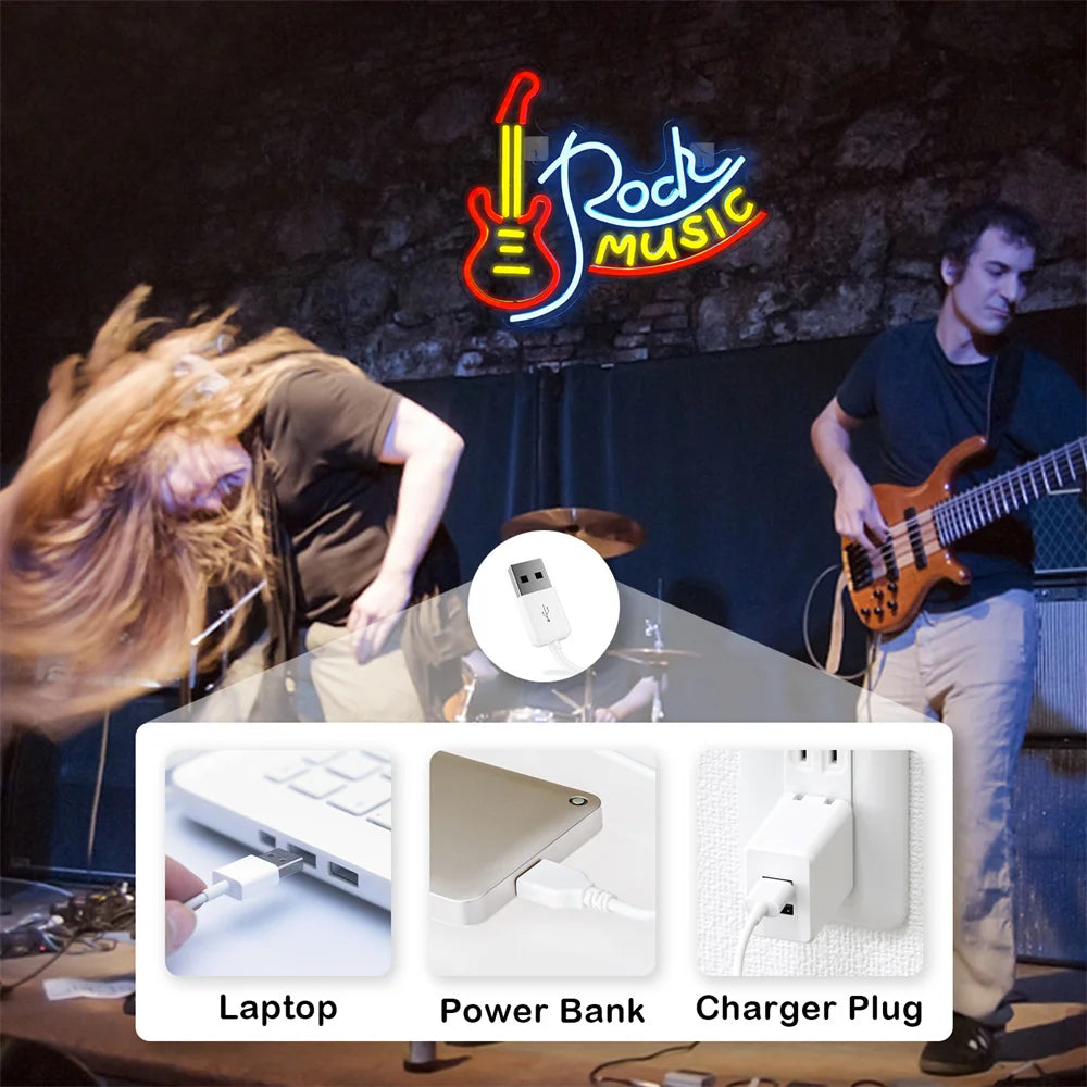 Rock MUSIC – Sähkökitara – LED-neonkyltti (5 V USB)