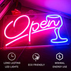 Open – Viinilasi – LED-neonvalomainos (5 V USB)