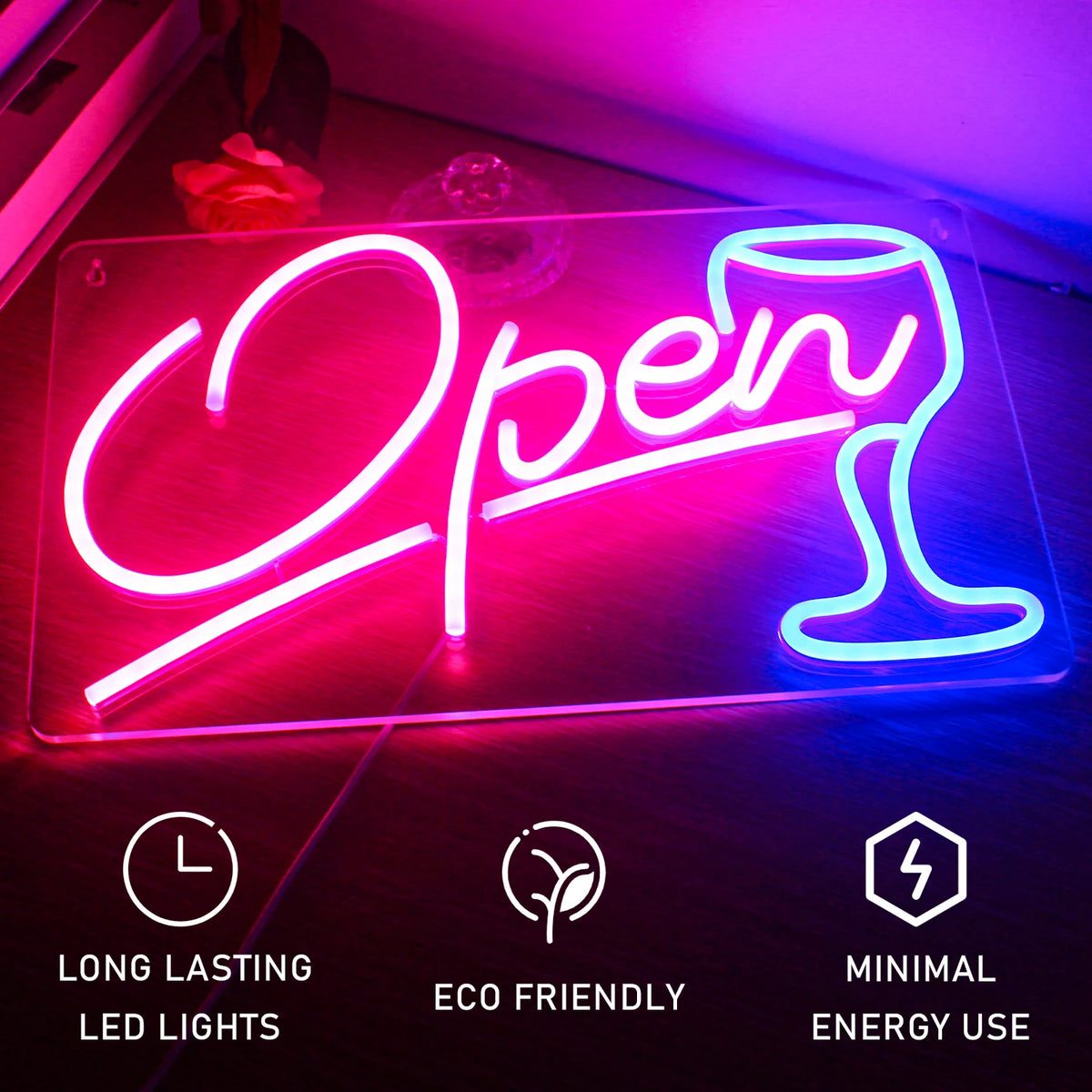 Open – Viinilasi – LED-neonvalomainos (5 V USB)