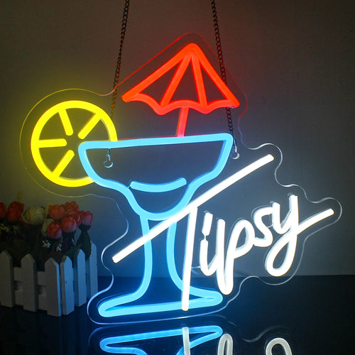 Tipsy – Cocktaillasi, sateenvarjo ja sitrusviipale – LED-neonvalomainos (5 V USB)