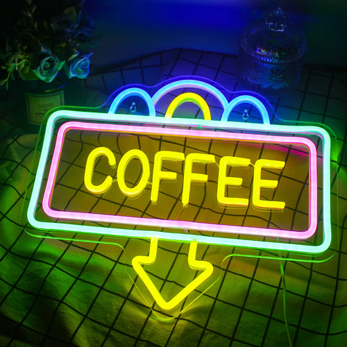 COFFEE – Suorakaidekehys ja alaspäin osoittava nuoli – LED-neonvalomainos (5 V USB)