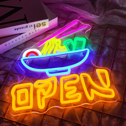 OPEN – Ramen-kulho ja syömäpuikot – LED-neonvalomainos (5 V USB)