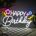 HAPPY Birthday – Tähti ja värikkäät symbolit – LED-neonkyltti (5 V USB)