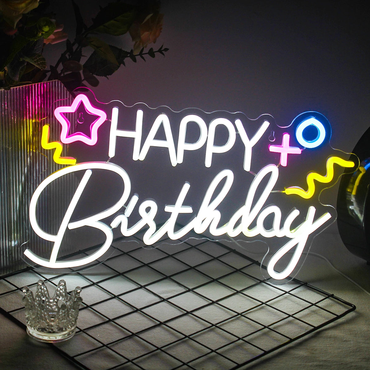 HAPPY Birthday – Tähti ja värikkäät symbolit – LED-neonkyltti (5 V USB)