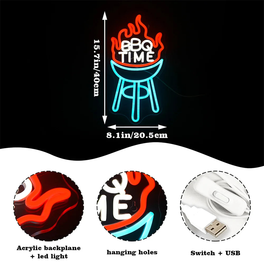 BBQ TIME – Liekehtivä grilli – LED-neonvalomainos (5 V USB)