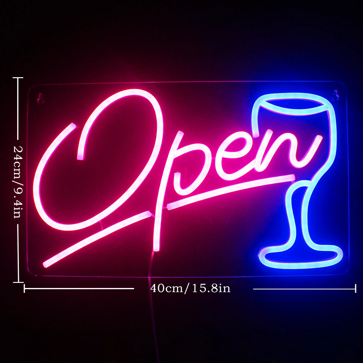 Open – Viinilasi – LED-neonvalomainos (5 V USB)