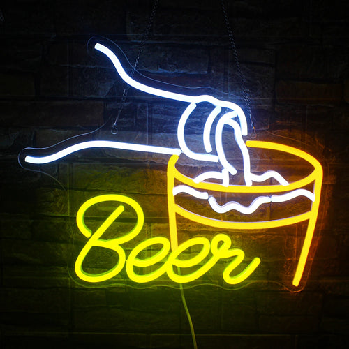 Kuvassa on eloisa, käsintehty LED-valokyltti, jossa lukee "Beer Bar" kirkkain, katseenvangitsijain kirjaimin.