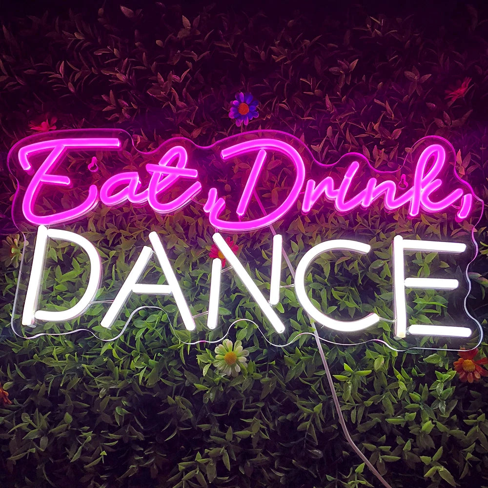 Eat, Drink, DANCE – LED-neonvalomainos (5 V USB)