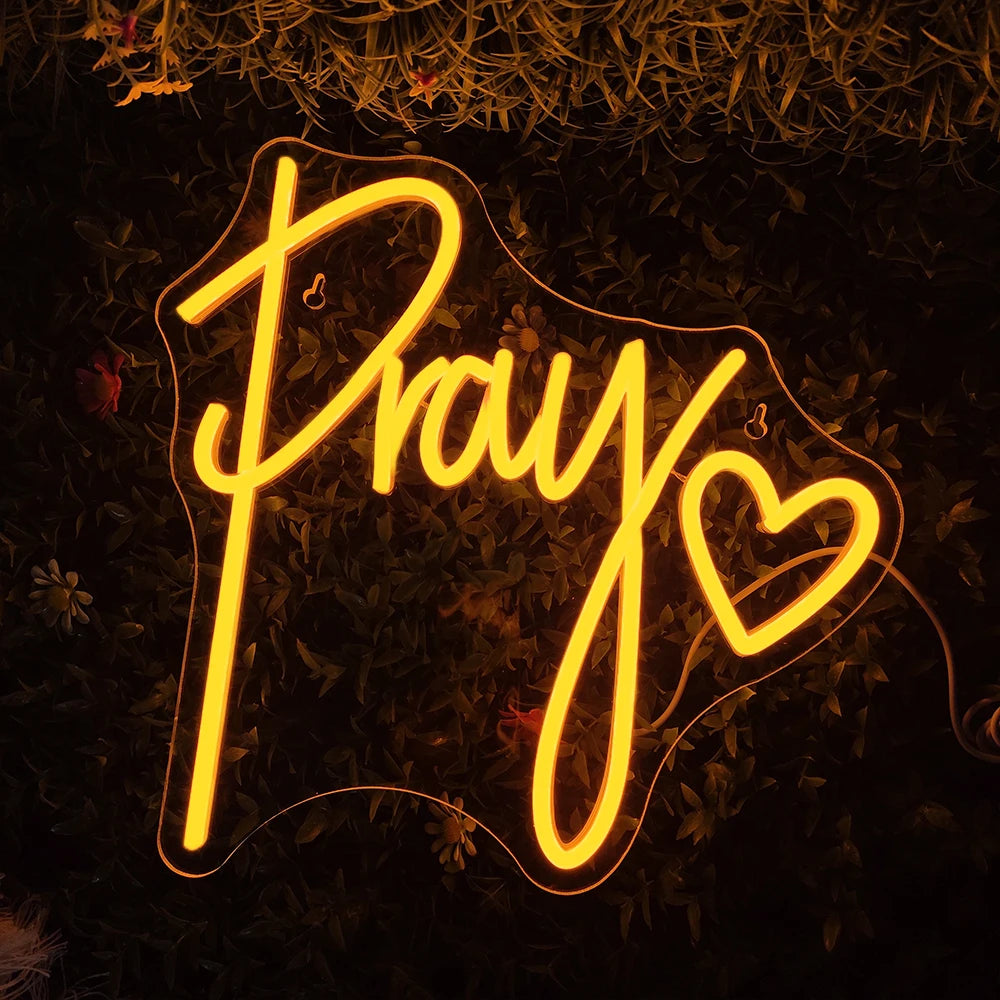 Pray – Sydän, kirkkokoriste – LED-neonkyltti (5 V USB)