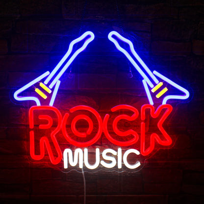 The image displays a vibrant Rock Guitar LED Neon Sign, featuring a stylized electric guitar outlined in bright neon colors.