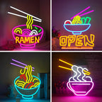 Kuvassa on eloisa, käsintehty LED-valokuva, joka esittää tyyliteltyä ramen-kulhoa.