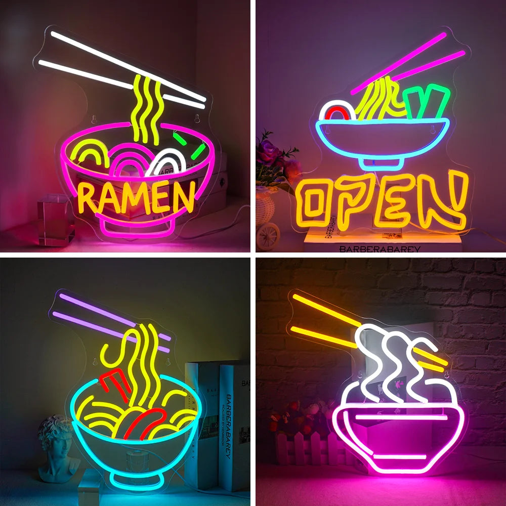 Kuvassa on eloisa, käsintehty LED-valokuva, joka esittää tyyliteltyä ramen-kulhoa.