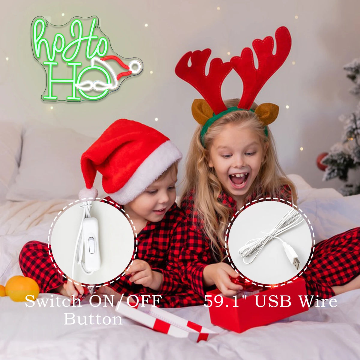 Ho Ho Ho – Joulupukin kasvot ja hattu – LED-neonkyltti (5 V USB)