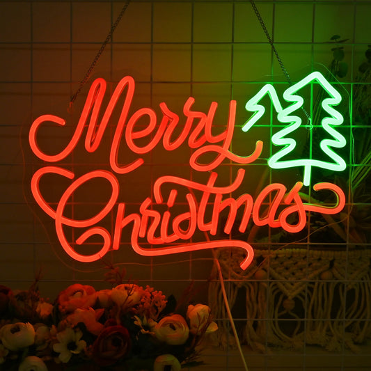 A vibrant LED neon sign shaped like a Christmas tree, glowing in multiple shades of green.