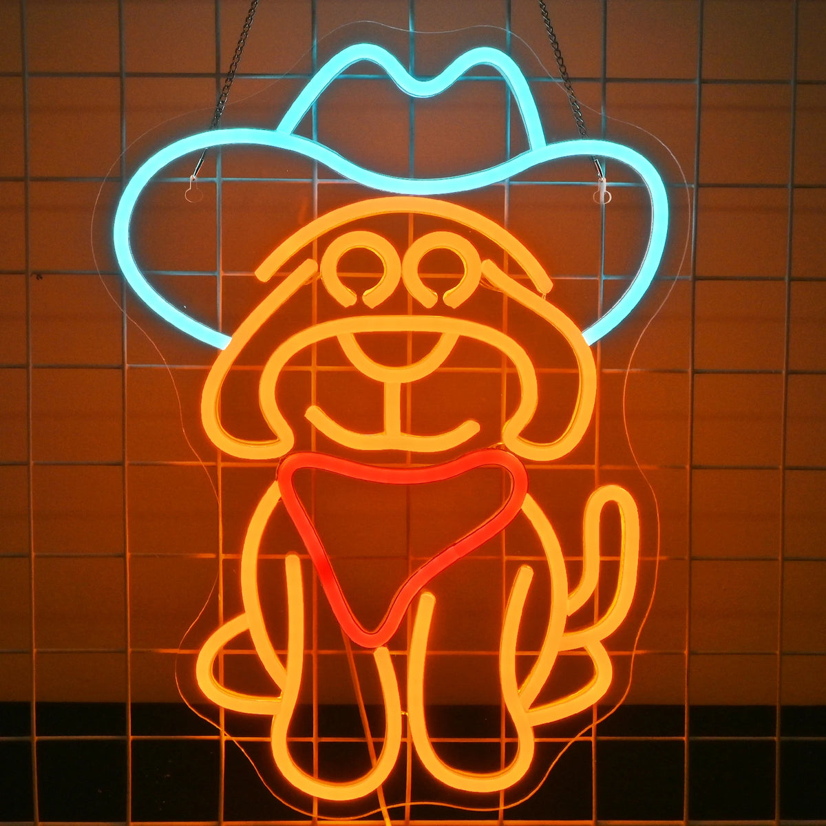Eloisa LED-neonkyltti, joka esittää tyyliteltyä cowboy-koiraa.
