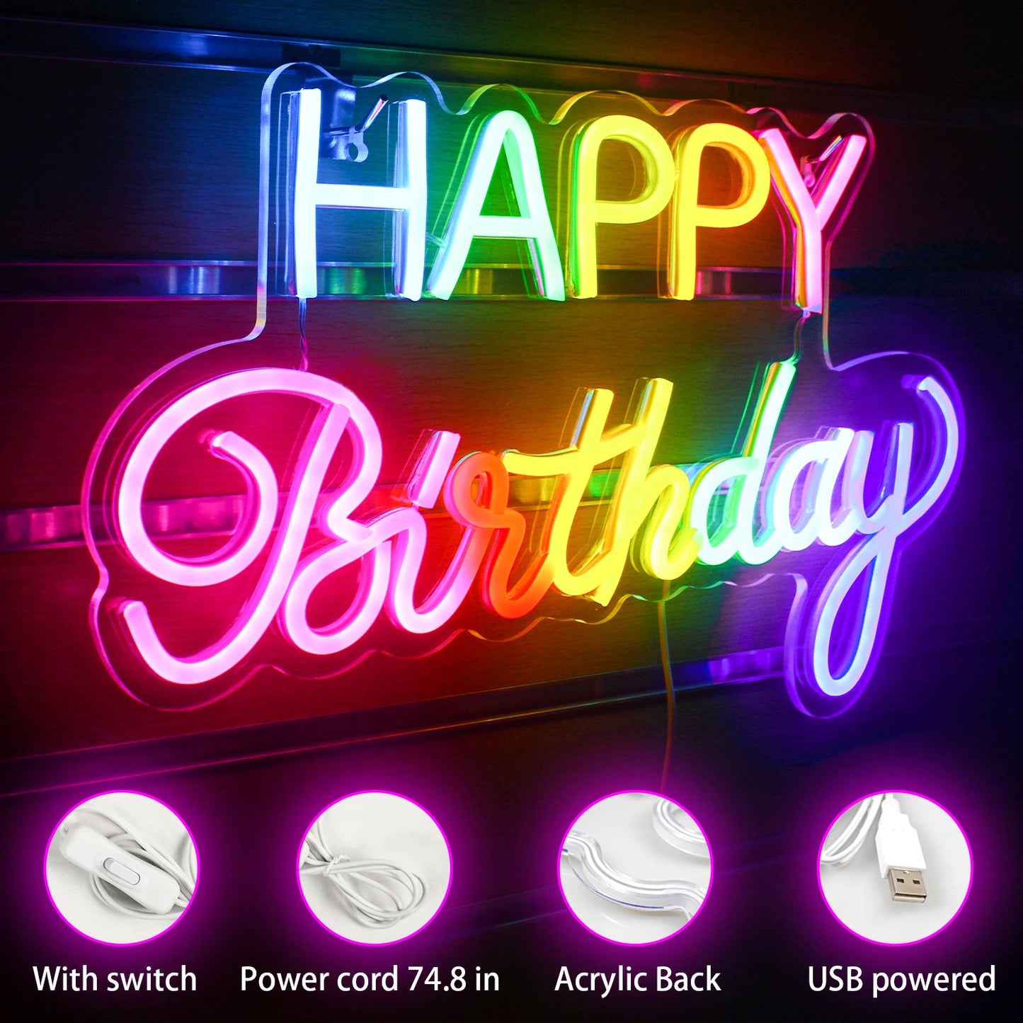 Led Happy Birthday Colour 5V Mini USB LED Neon Sign - Budget Friendly