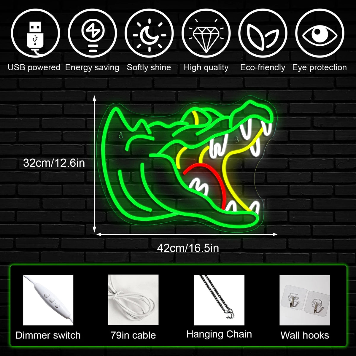 Alligaattori 5V USB LED Neon Kyltti - Budjettiystävällinen