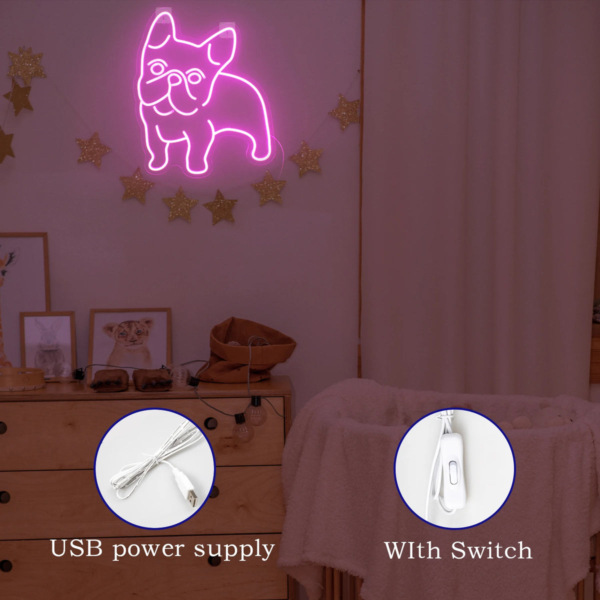 Vaaleanpunainen koira – LED-neonkyltti (5 V USB)