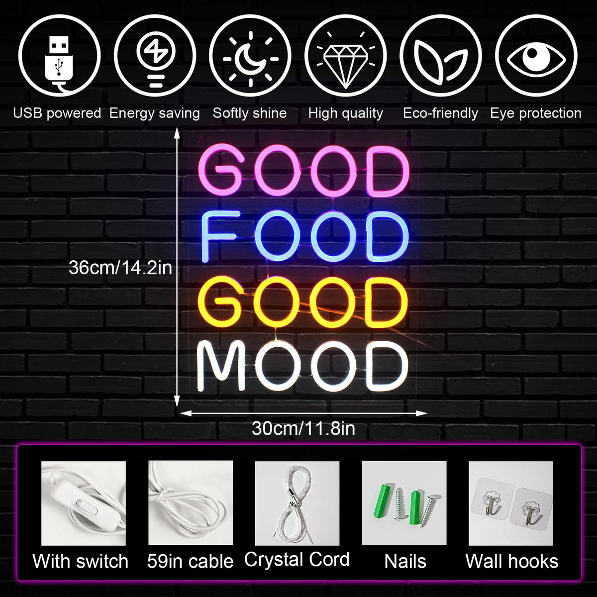 Good Food Good Mood – LED-neonvalomainos (5 V USB)