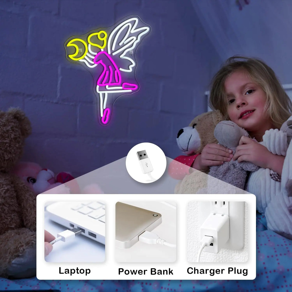 Lentävä keiju ja kuu – LED-neonkyltti (5 V USB)