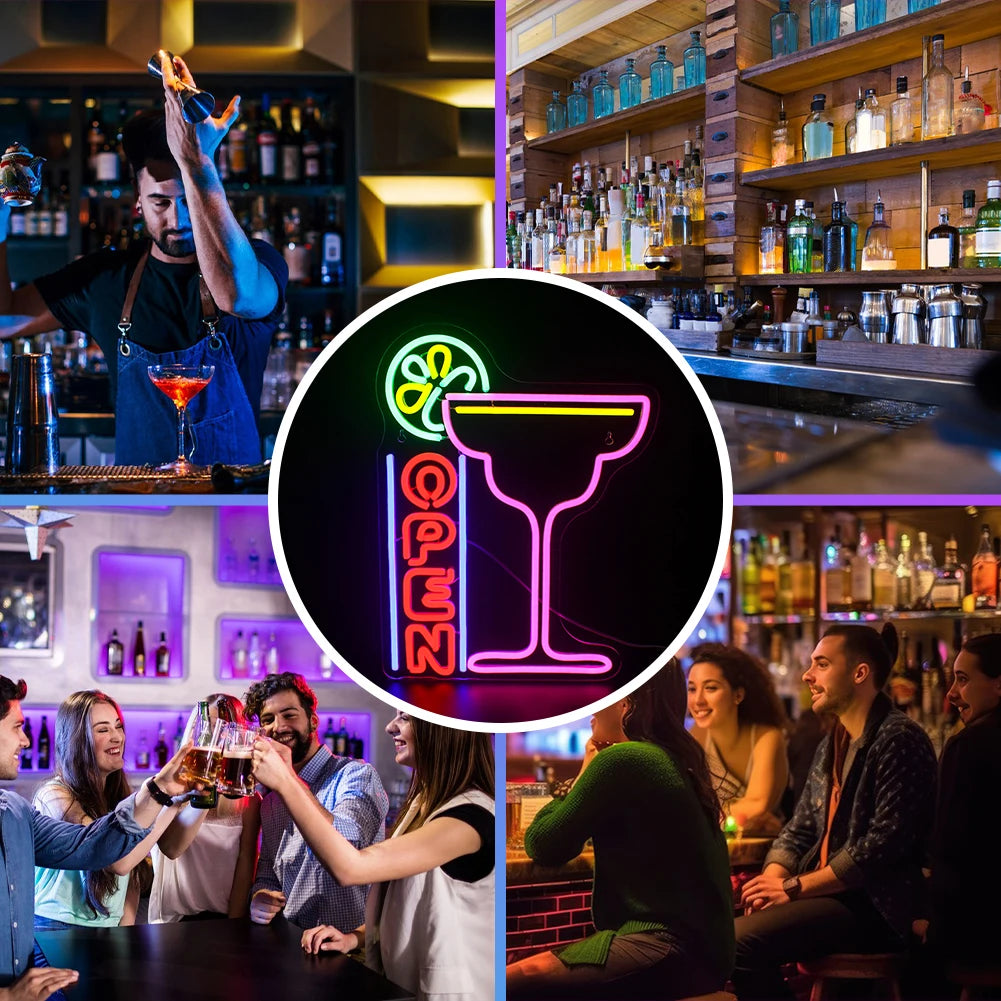 OPEN – Cocktaillasi – LED-neonvalomainos (5 V USB)