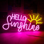 Kuvassa on eloisa, käsintehty LED-valokyltti, jossa on teksti "Hello Sunshine.