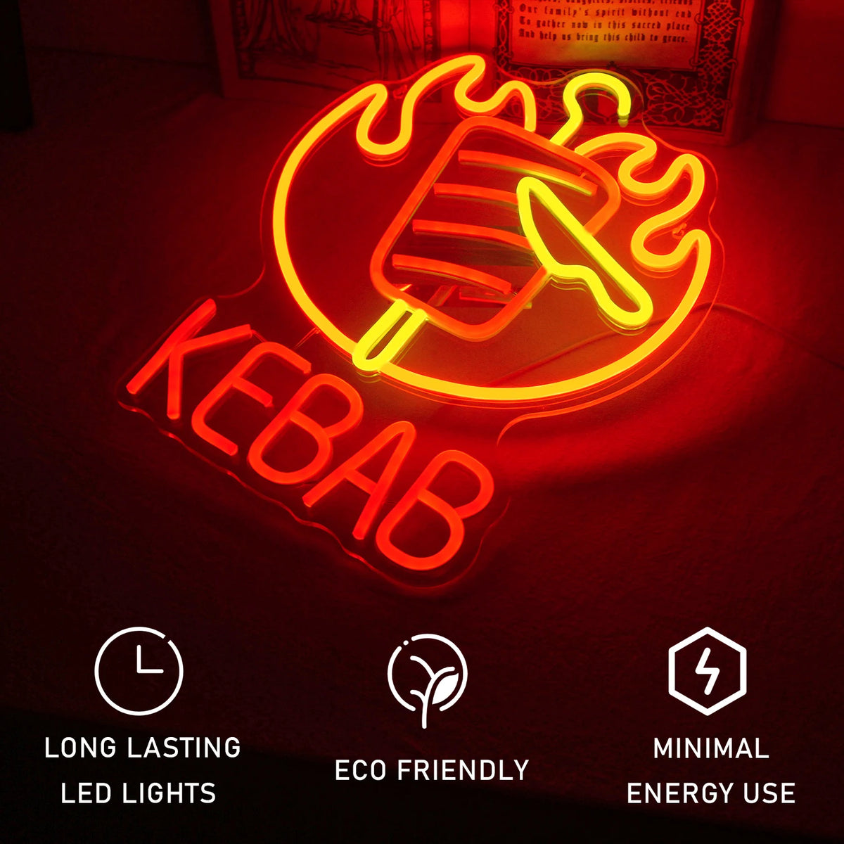 KEBAB – Liekehtivä kebabvarras ja veitsi – LED-neonvalomainos (5 V USB)