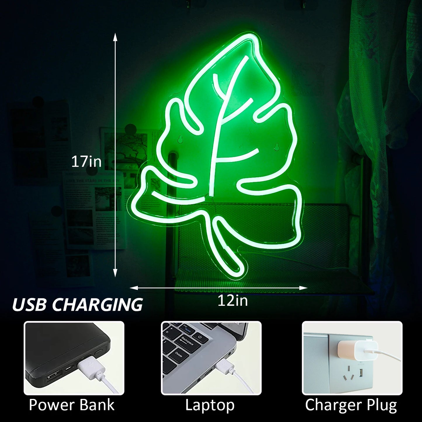 Green Leaf 5V Mini USB LED Neon Sign - Budget Friendly