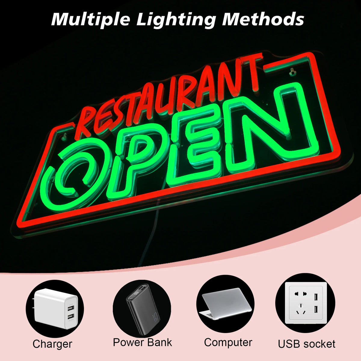 Restaurant OPEN – LED-neonvalomainos (5 V USB)