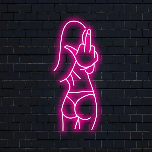 Mittatilaustyönä valmistettu Sexy Bad Girl LED-valokyltti, jossa on rohkea keskisormi, sopii täydellisesti särmäiseen neonvalaisimiin.