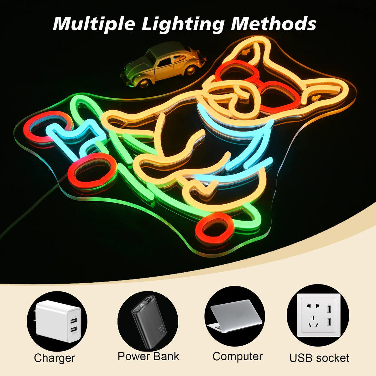 Rullalautaileva koira – LED-neonkyltti (5 V USB)