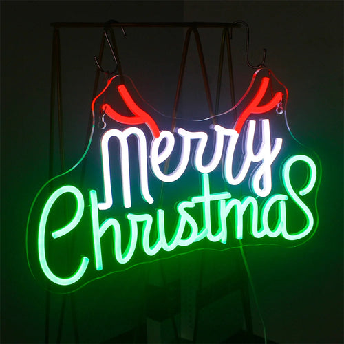 Merry Christmas – Vihreät ja punaiset kirjaimet sekä sarvet – LED-neonkyltti (5 V USB)