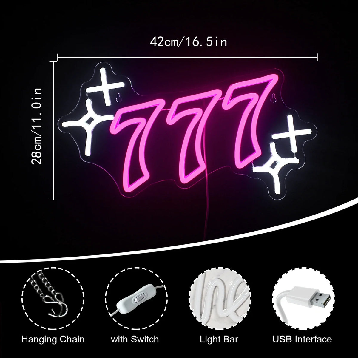 777 – Onnennumero ja tähdet – LED-neonkyltti (5 V USB)