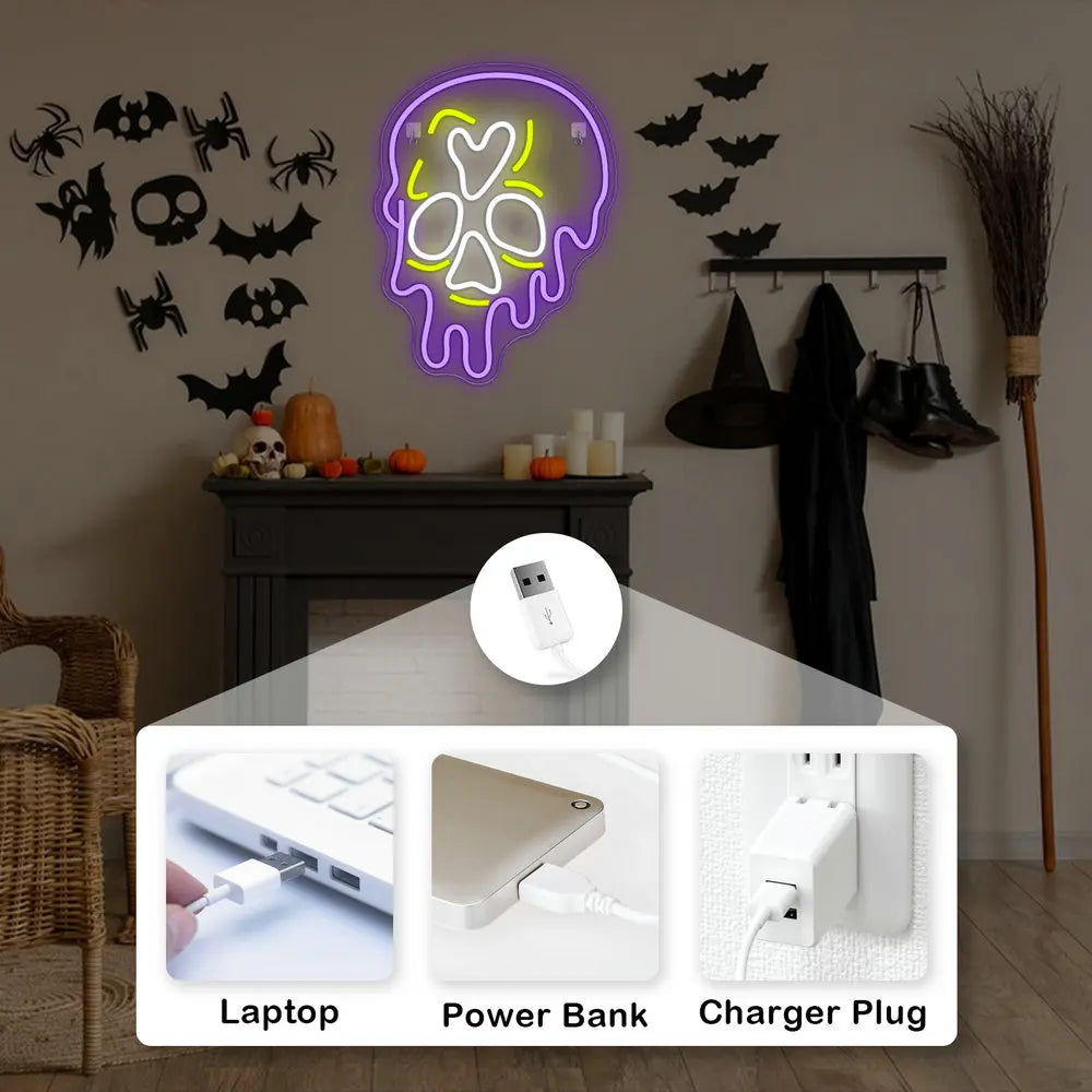 Violetti valuva pääkallo – LED-neonkyltti (5 V USB)
