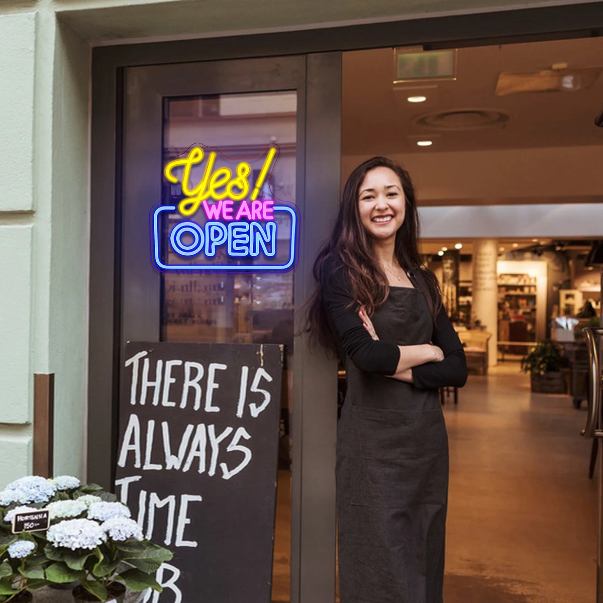 “Yes We Are Open” (suorakaidekehys) – LED-neonkyltti (5 V USB)