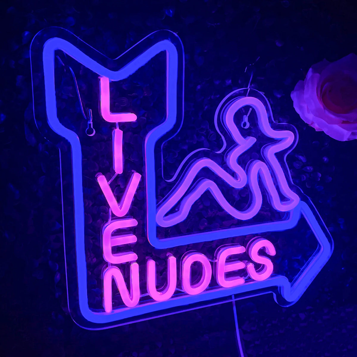 LIVE NUDES – Makaavan naisen siluetti ja nuoli – LED-neonkyltti (5 V USB)