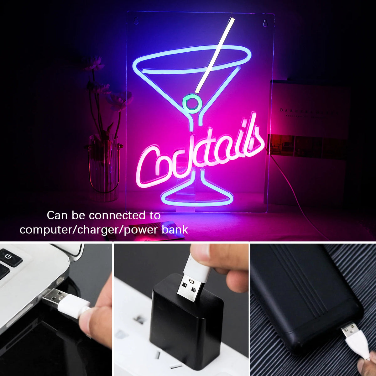 Cocktails – Martini-lasi – LED-neonvalomainos (5 V USB)