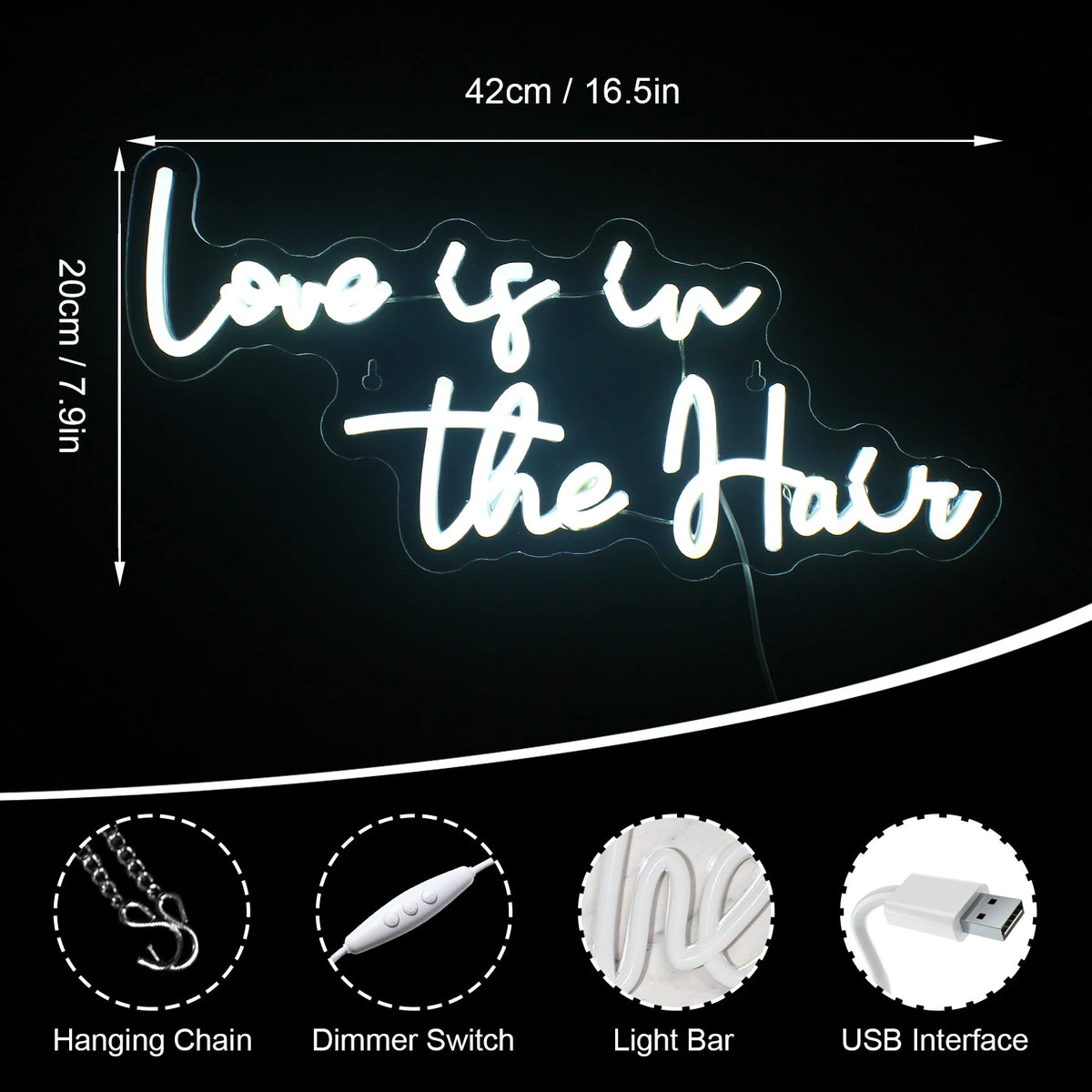 Love is in the Hair – LED-neonvalomainos (5 V USB)