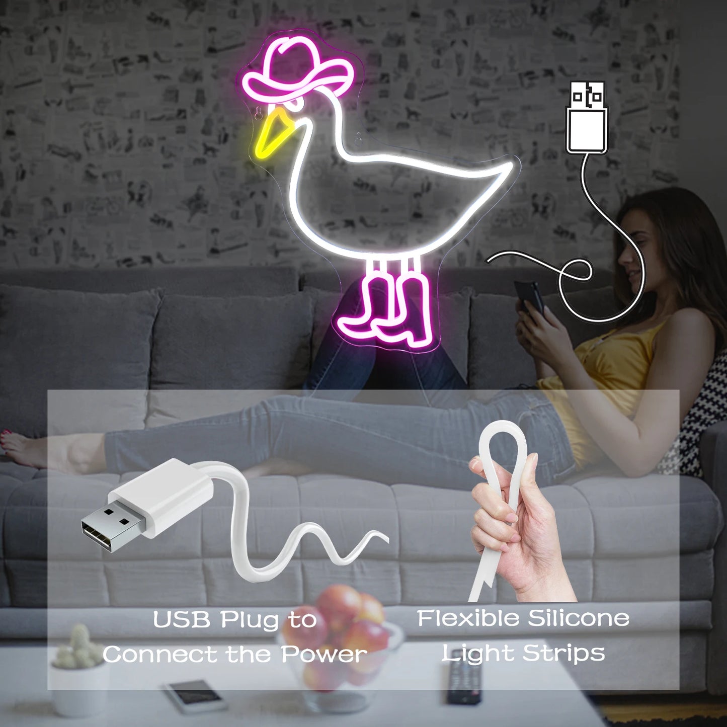 Pink White Cowboy Duck 5V Mini USB LED Neon Sign - Budget Friendly