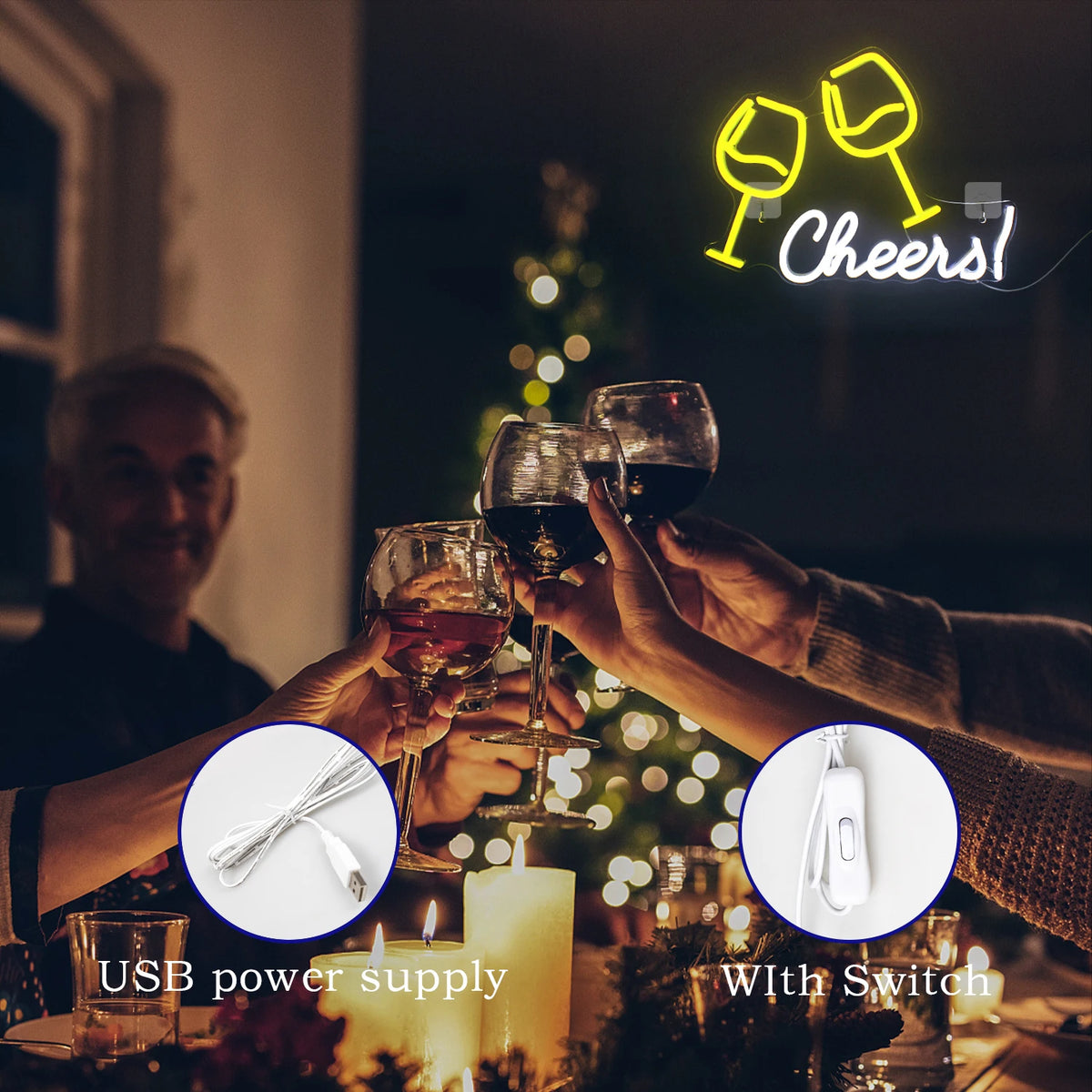 Cheers! – Kippistävät viinilasit – valokyltti (5 V USB)