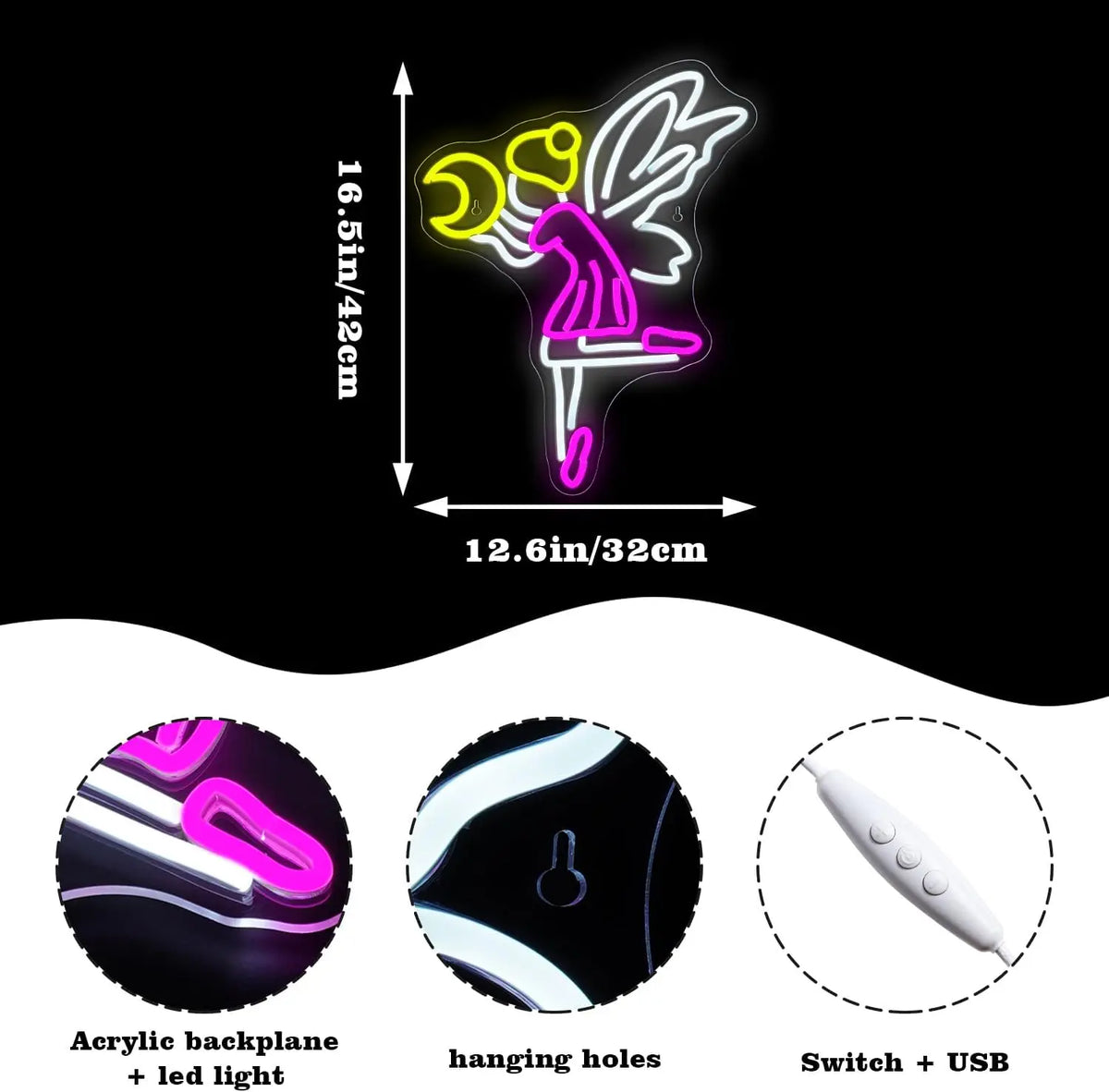 Lentävä keiju ja kuu – LED-neonkyltti (5 V USB)