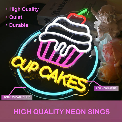 CUP CAKES – Kuppikakku, kirsikka ja pyöreä kehys – LED-neonvalomainos (5 V USB)