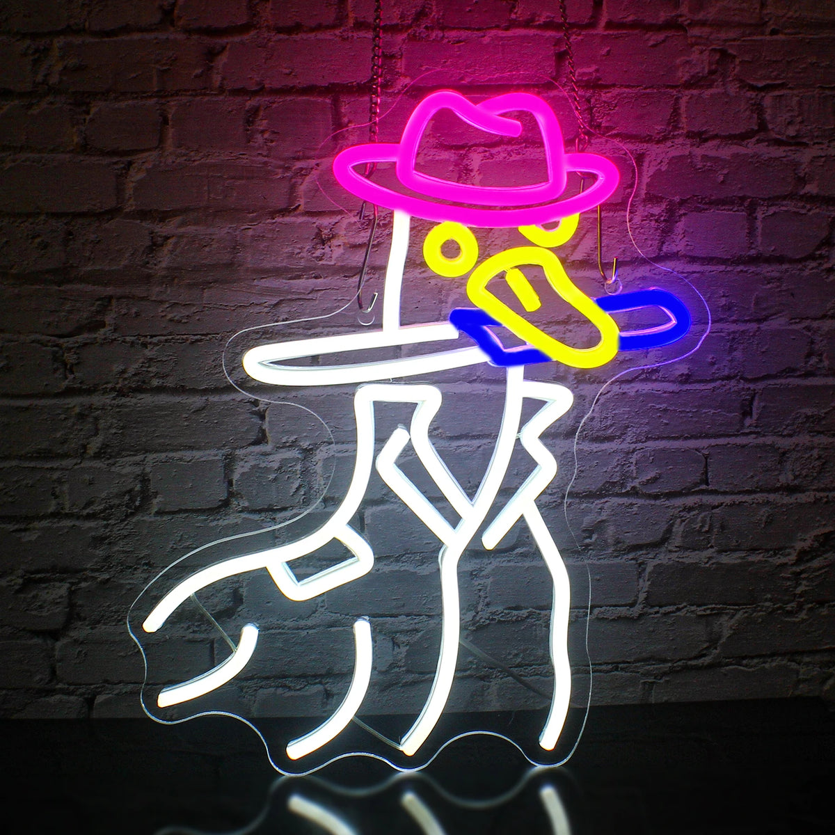 Kuvassa on cowboy-ankan muotoinen eloisa LED-neonkyltti.