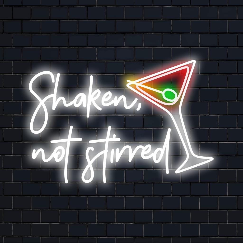 Värikäs LED-valokuva Shaken, Not Stirred; täydellinen sekoitus tyyliä ja huumoria ainutlaatuisessa neonvalolla sisustuksessa.