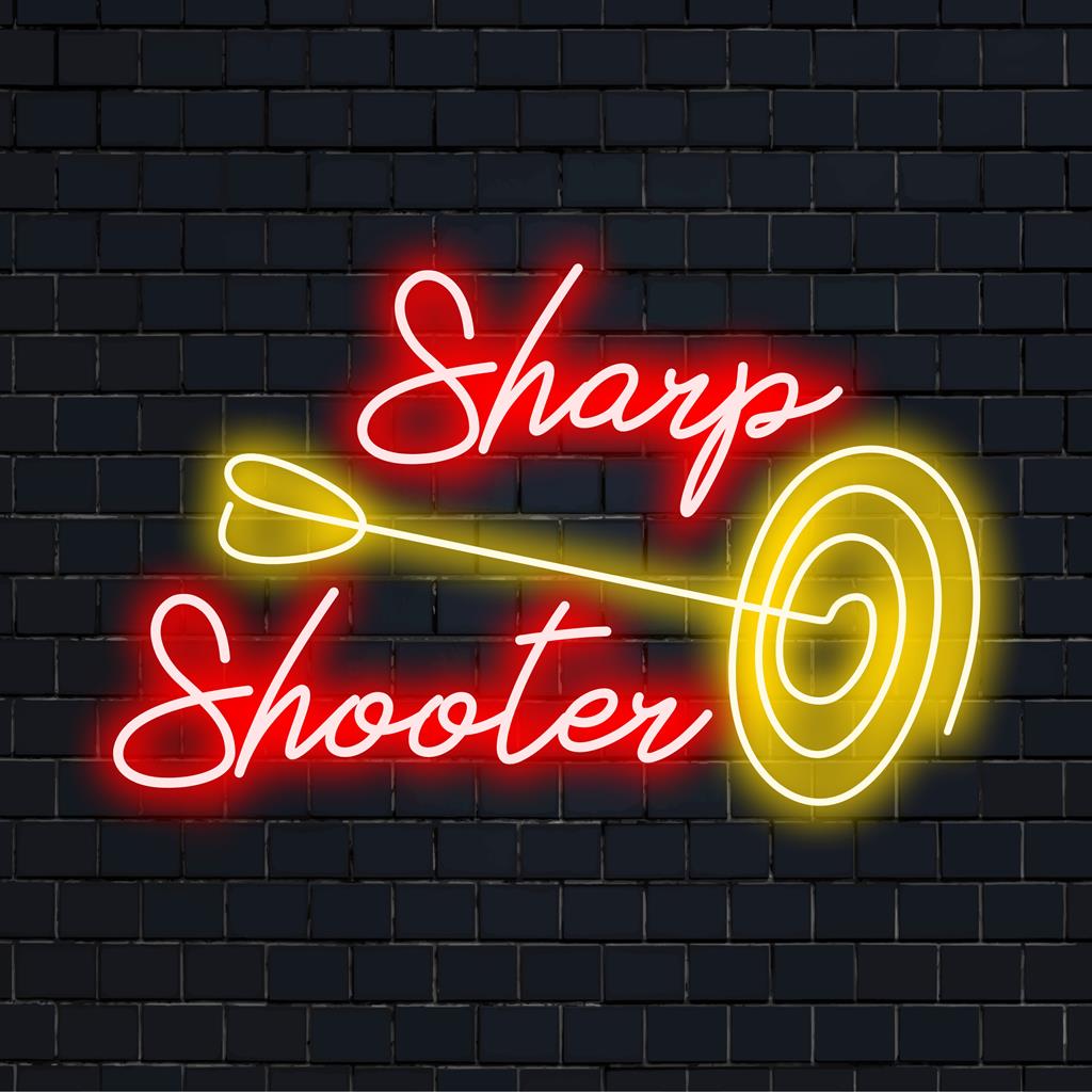 Vibrant LED neon sign titled Sharp Shooter adds edge to any space with its striking glow; ideal neon wall art and custom decor.