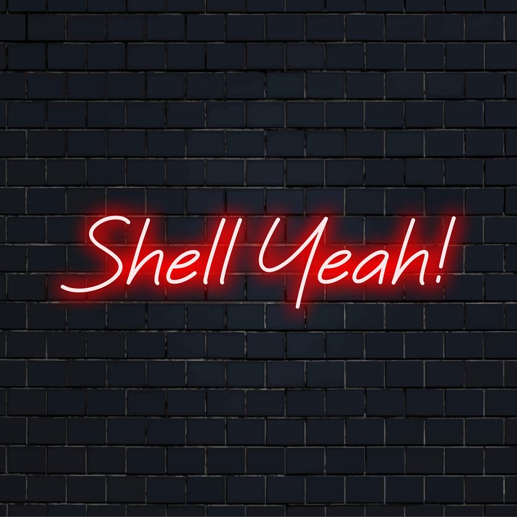 Vibrant 'Shell Yeah!' LED neon sign emits a playful glow, perfect for illuminating spaces with custom neon art vibes.