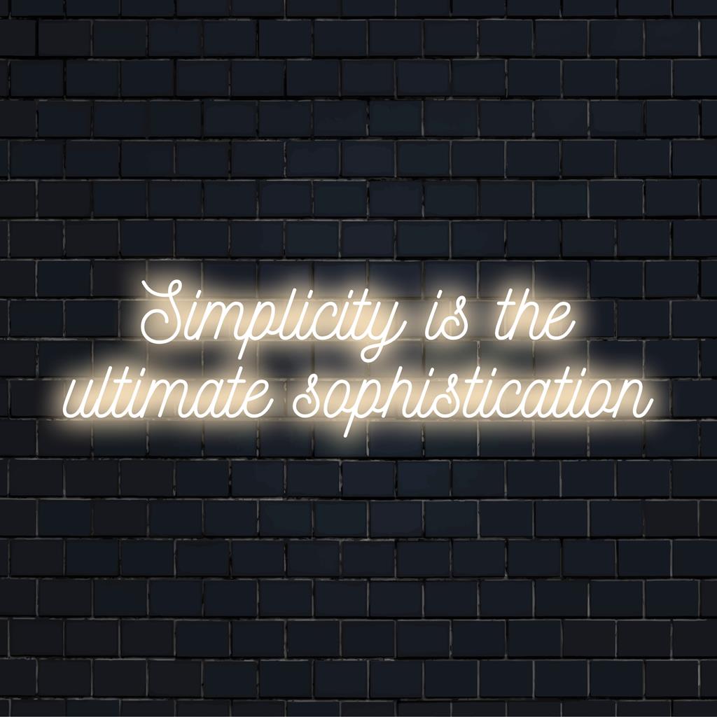 Mukautettu LED-valokyltti lainauksella Simplicity Is The Ultimate Sophistication, täydellinen neonvalojen sisustuksen ystäville.